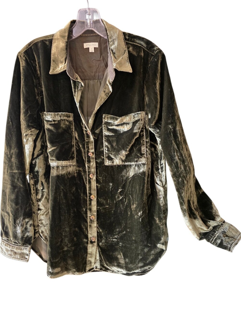 Pilcro Hadley Velvet Relaxed Button-Down Shirt in Olive Size Small